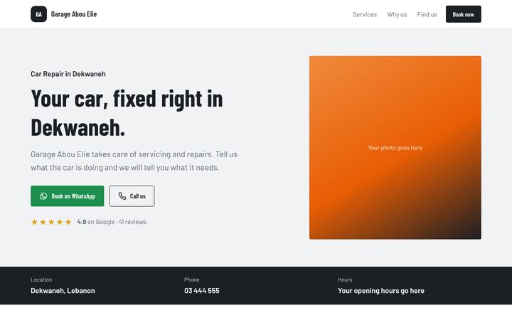 Example website design for a car garage