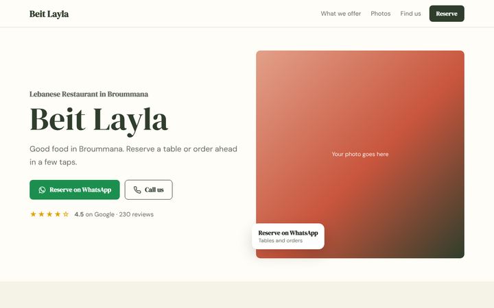 Example website design for a restaurant